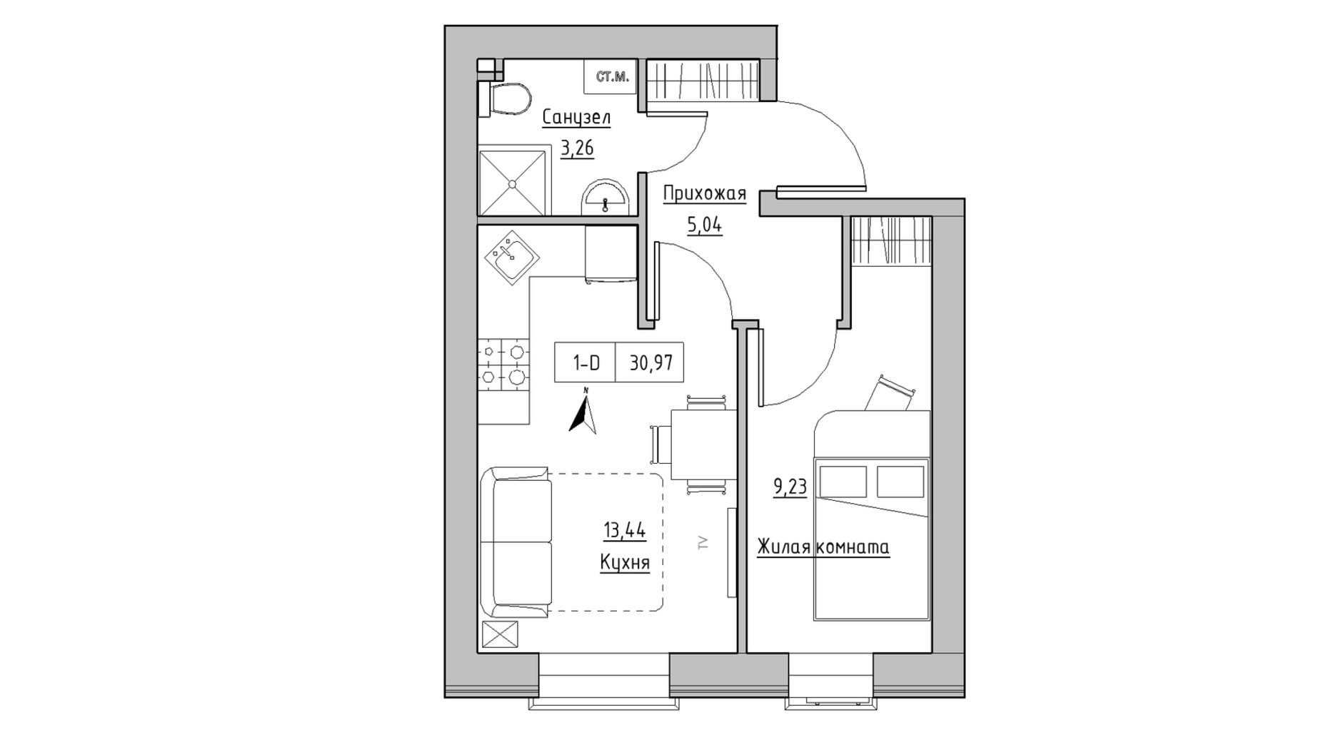 Планировка 2-комнатной квартиры в ЖК KEKS 30.97 м², фото 569891