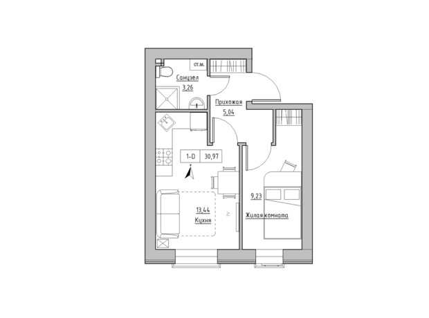 ЖК KEKS: планировка 2-комнатной квартиры 30.97 м²