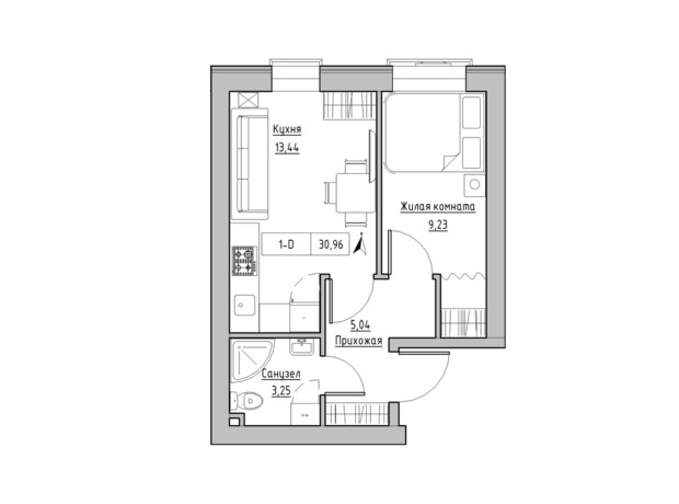 ЖК KEKS: планировка 1-комнатной квартиры 30.96 м²