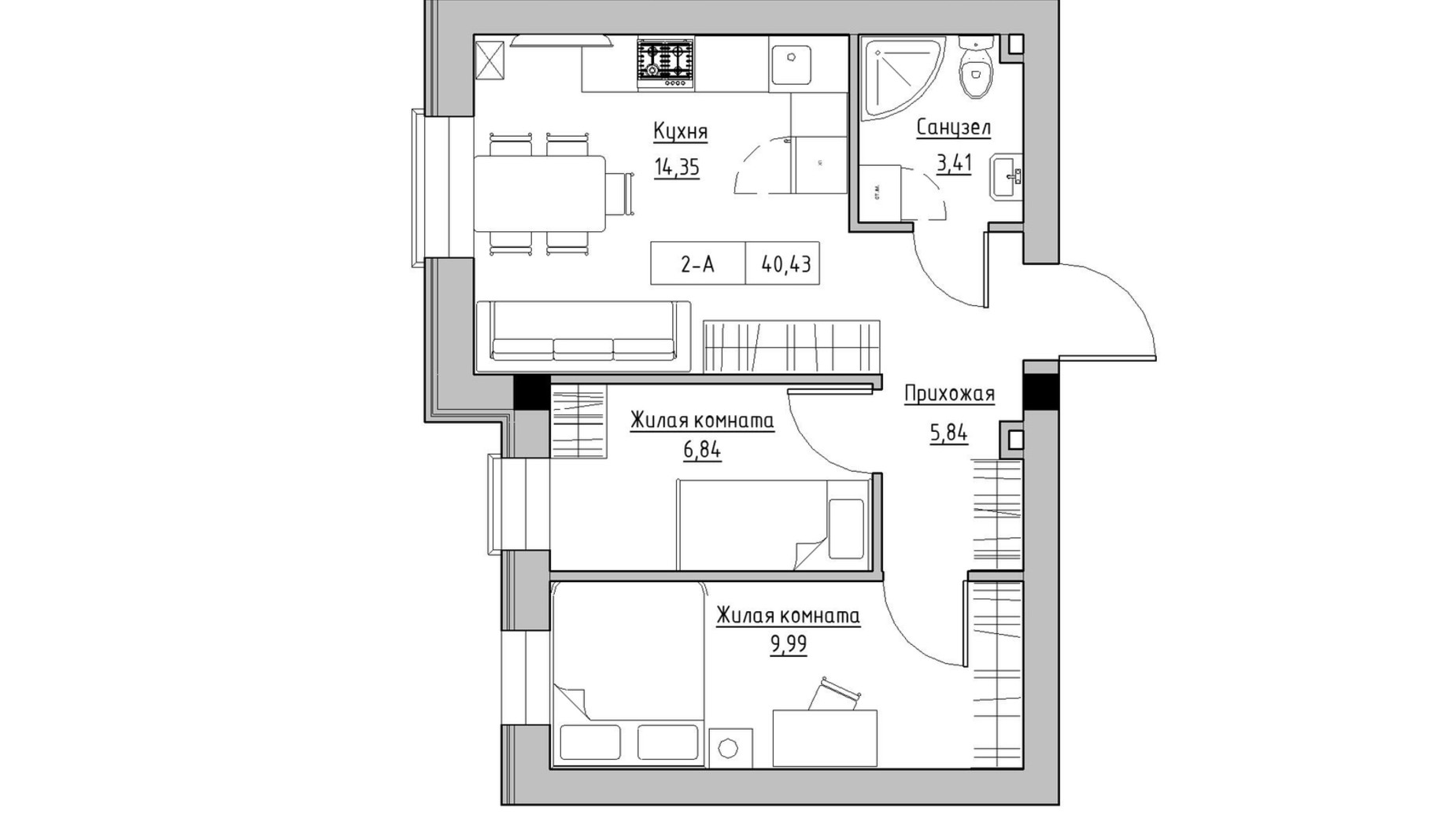 Планування 2-кімнатної квартири в ЖК KEKS 40.43 м², фото 569893