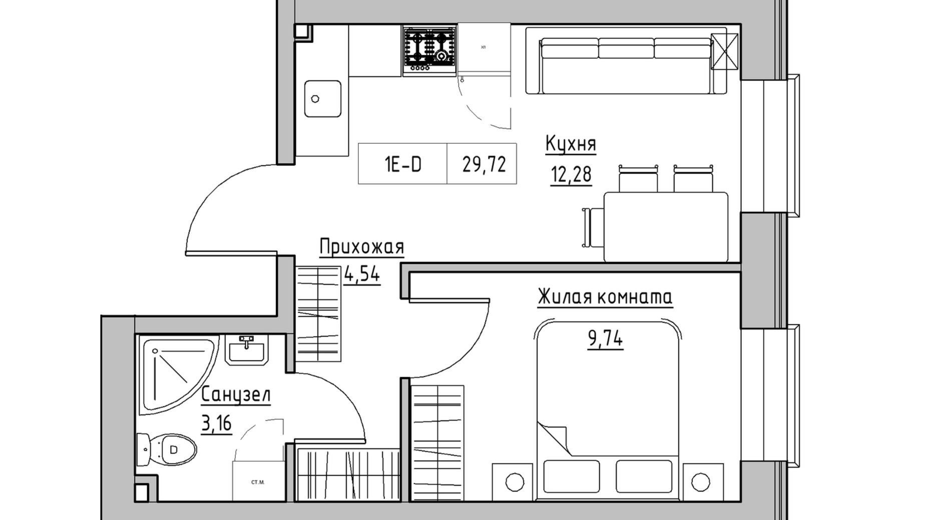 Планировка 1-комнатной квартиры в ЖК KEKS 29.72 м², фото 569894