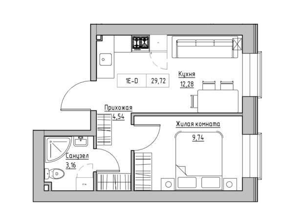 ЖК KEKS: планировка 1-комнатной квартиры 29.72 м²