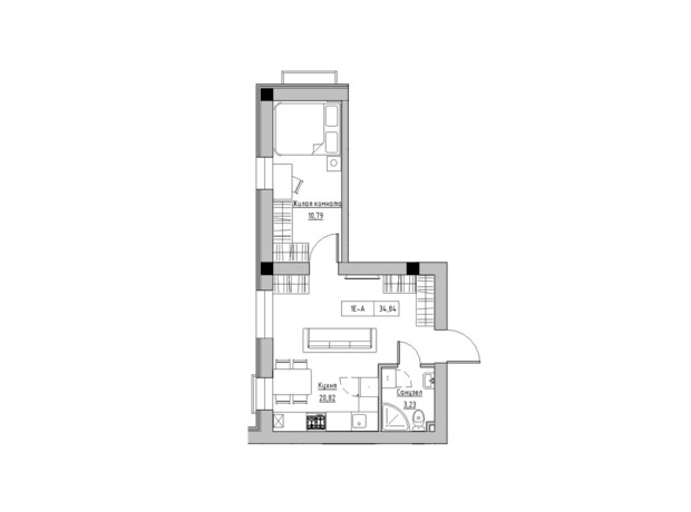 ЖК KEKS: планировка 1-комнатной квартиры 34.84 м²