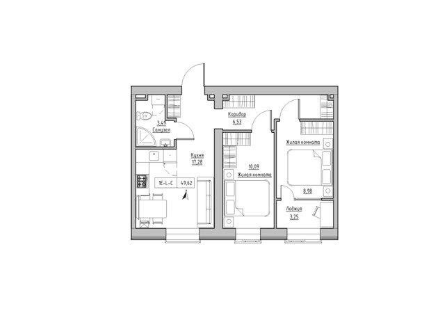 ЖК KEKS: планировка 2-комнатной квартиры 49.62 м²