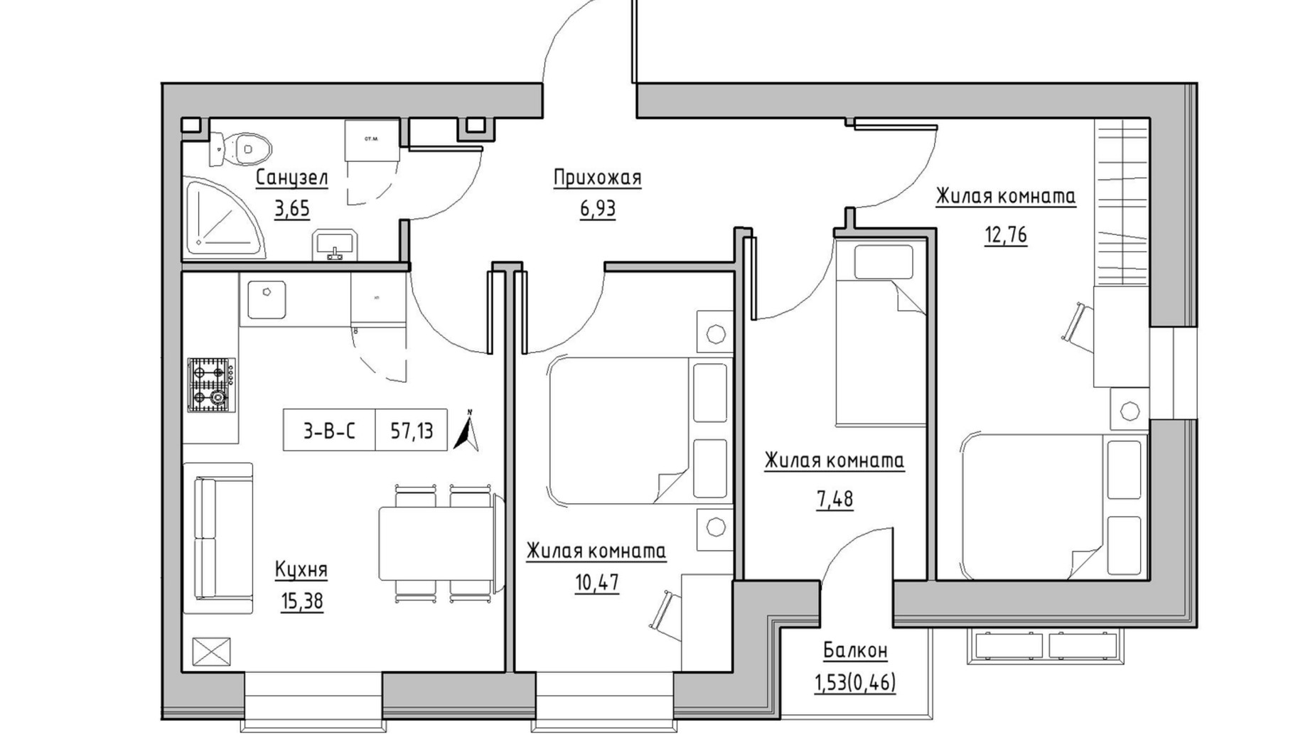 Планировка 3-комнатной квартиры в ЖК KEKS 57.13 м², фото 569897