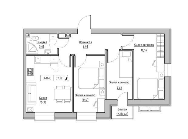 ЖК KEKS: планування 3-кімнатної квартири 57.13 м²