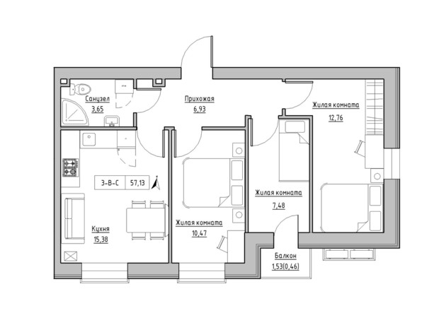 ЖК KEKS: планировка 3-комнатной квартиры 57.13 м²