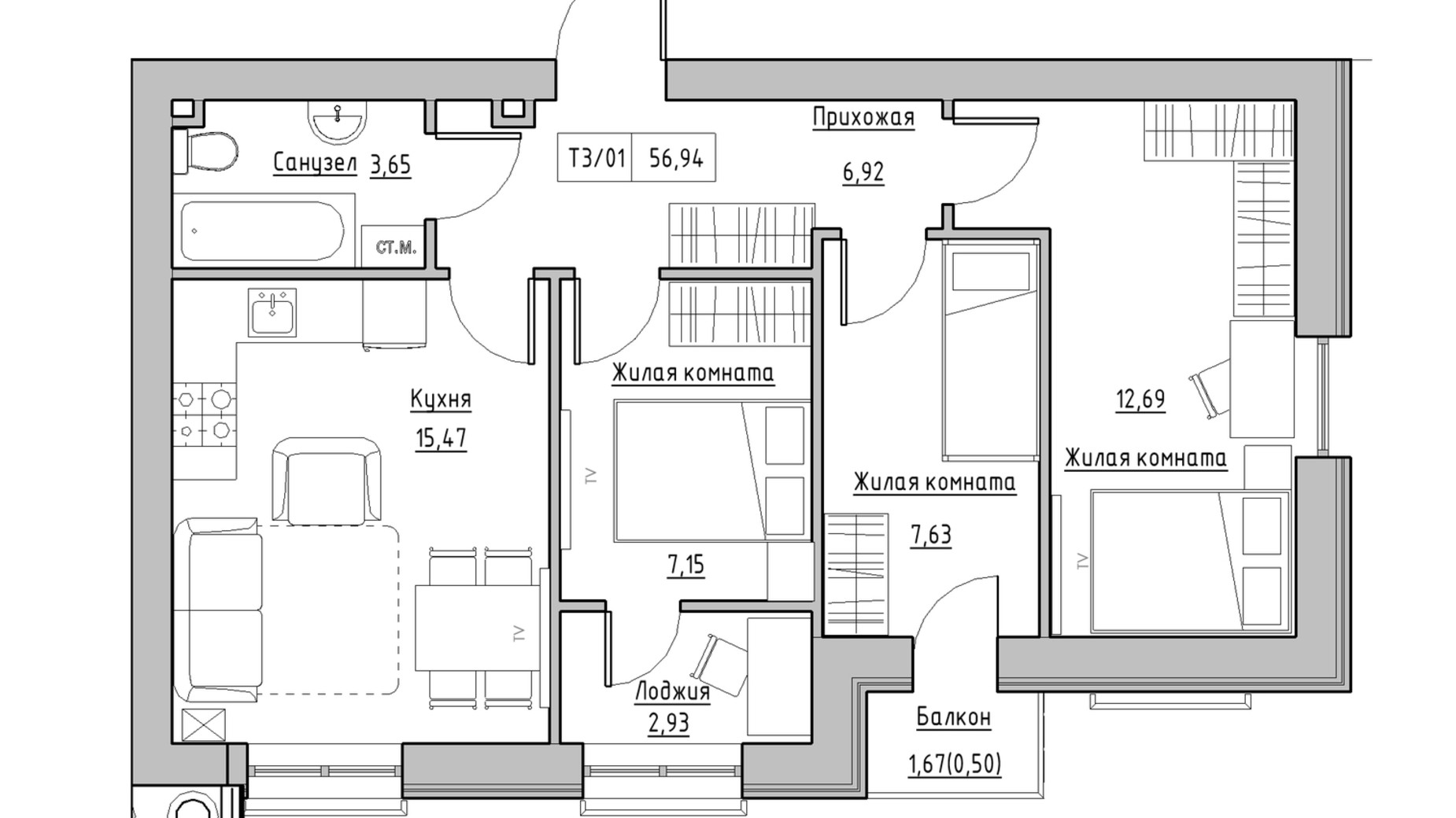 Планировка 3-комнатной квартиры в ЖК KEKS 56.94 м², фото 569898