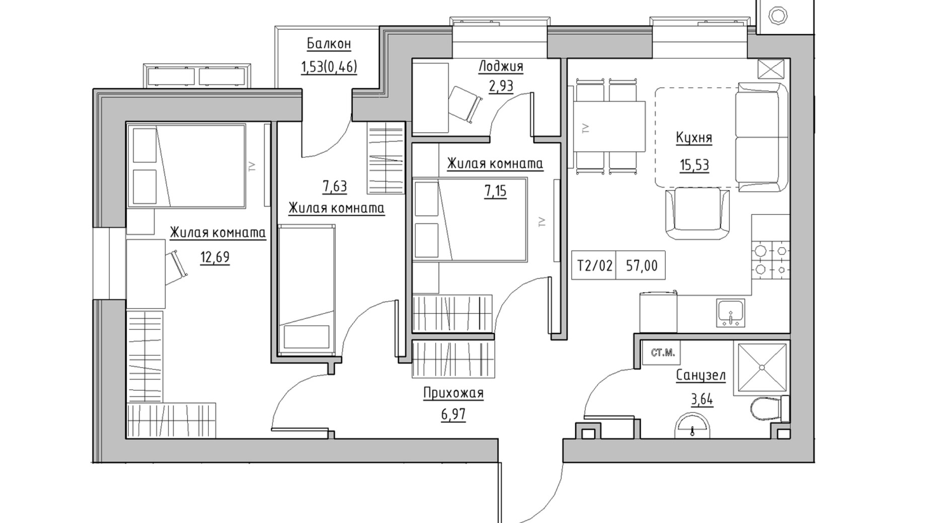 Планировка 3-комнатной квартиры в ЖК KEKS 57 м², фото 569899