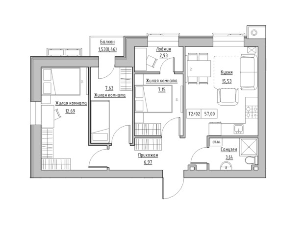ЖК KEKS: планування 3-кімнатної квартири 57 м²