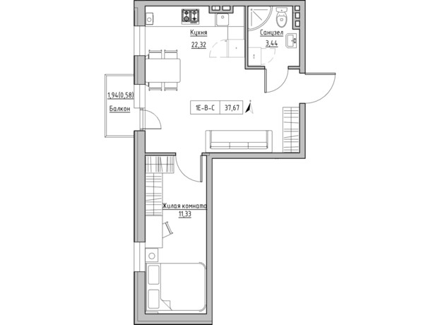 ЖК KEKS: планировка 1-комнатной квартиры 37.67 м²