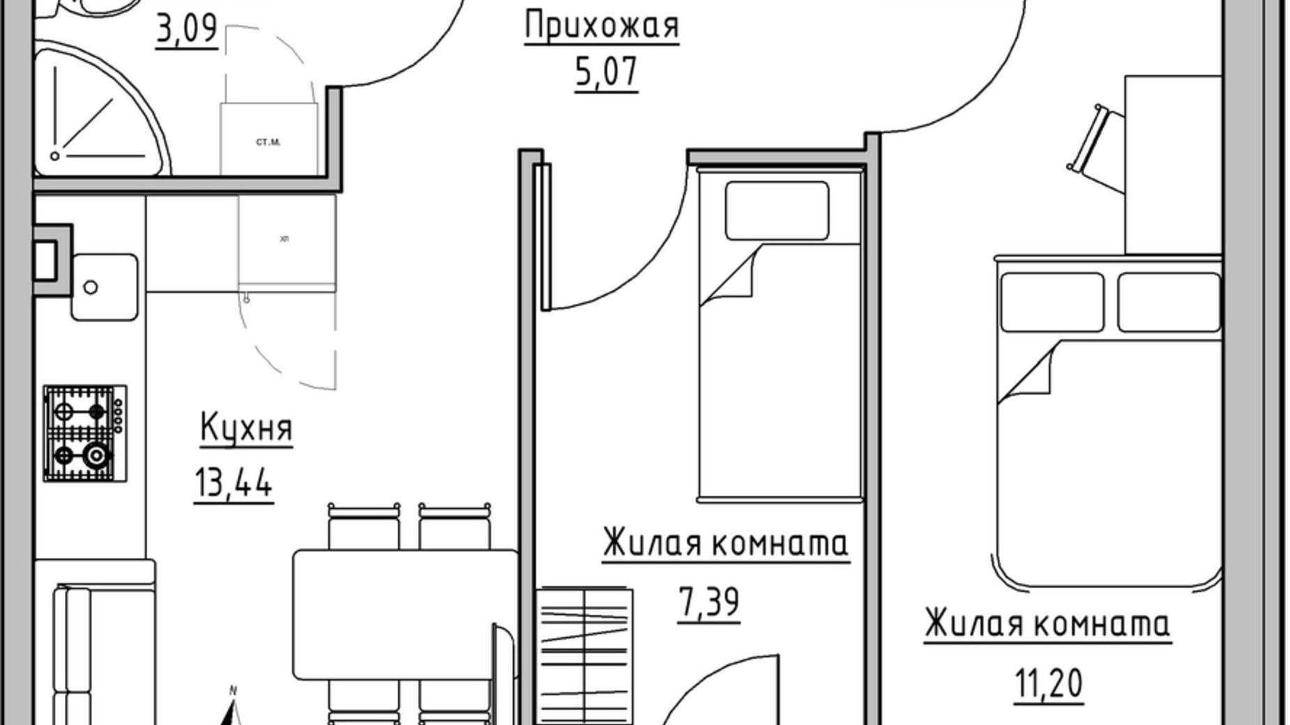 Планування 2-кімнатної квартири в ЖК KEKS 41.89 м², фото 570143