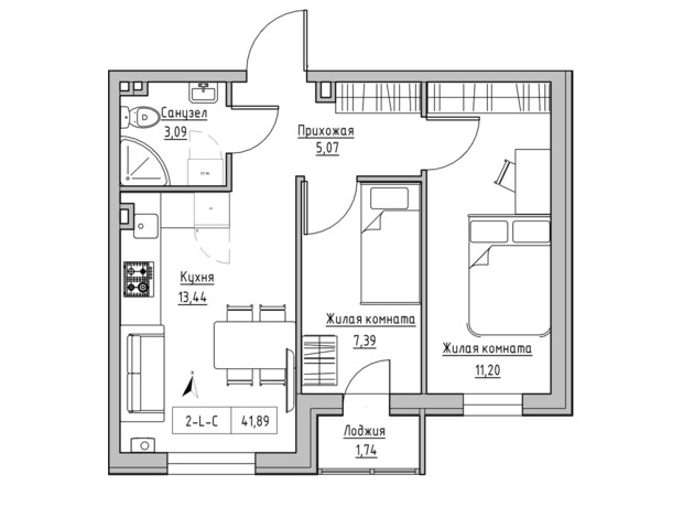 ЖК KEKS: планування 2-кімнатної квартири 41.89 м²