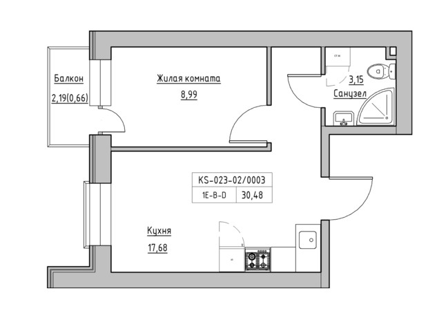 ЖК KEKS: планування 1-кімнатної квартири 30.48 м²