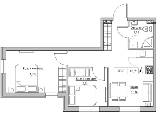 ЖК KEKS: планировка 2-комнатной квартиры 46.19 м²