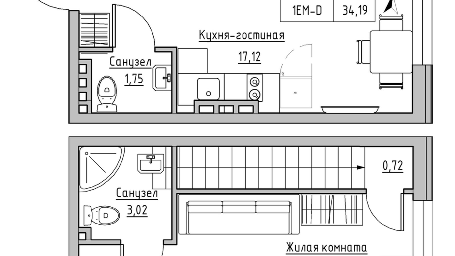 Планировка много­уровневой квартиры в ЖК KEKS 34.19 м², фото 570149