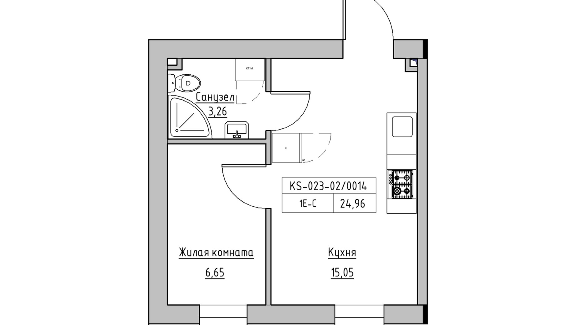 Планировка 1-комнатной квартиры в ЖК KEKS 24.96 м², фото 570151