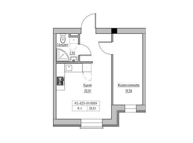 ЖК KEKS: планировка 1-комнатной квартиры 33.51 м²