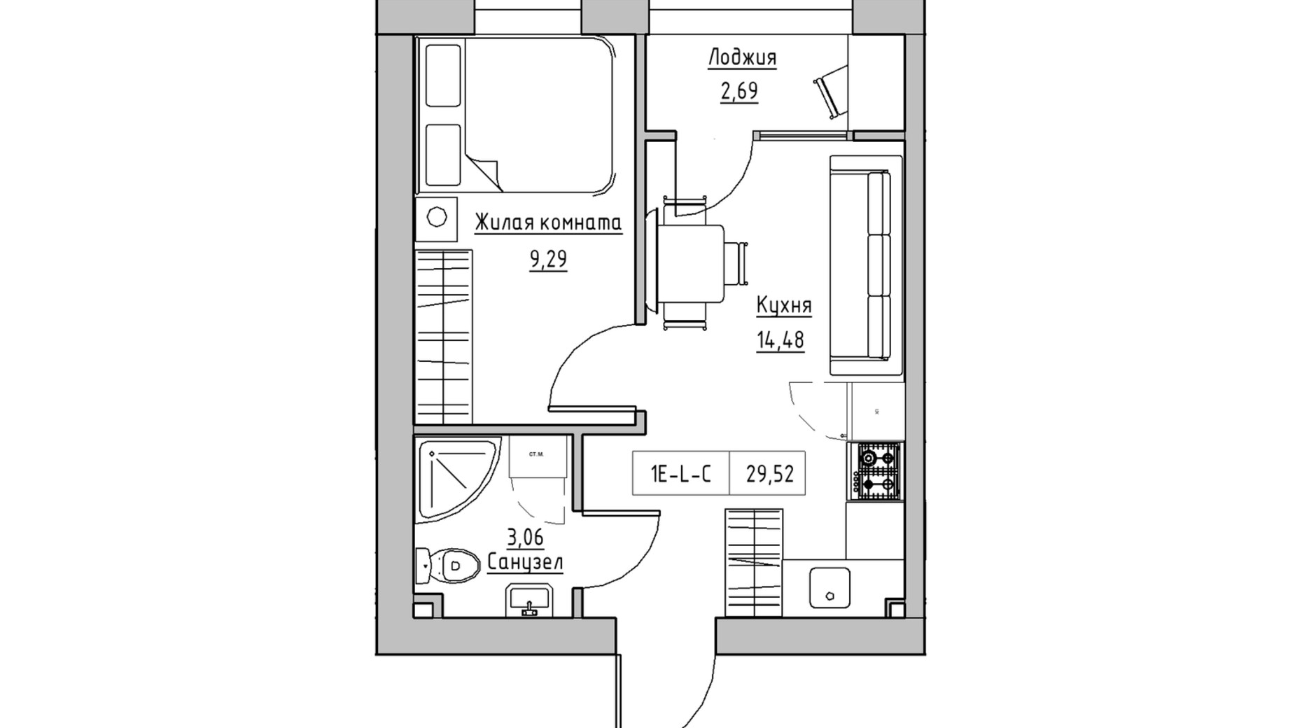Планировка 1-комнатной квартиры в ЖК KEKS 29.52 м², фото 570154