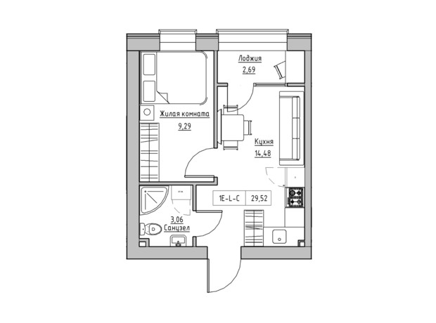 ЖК KEKS: планировка 1-комнатной квартиры 29.52 м²