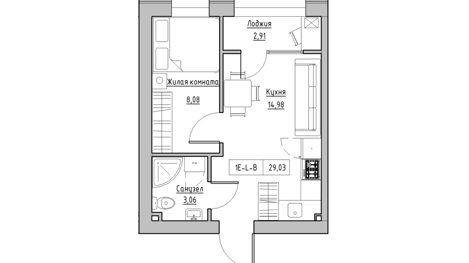 Планировка 1-комнатной квартиры в ЖК KEKS 29.02 м², фото 570155