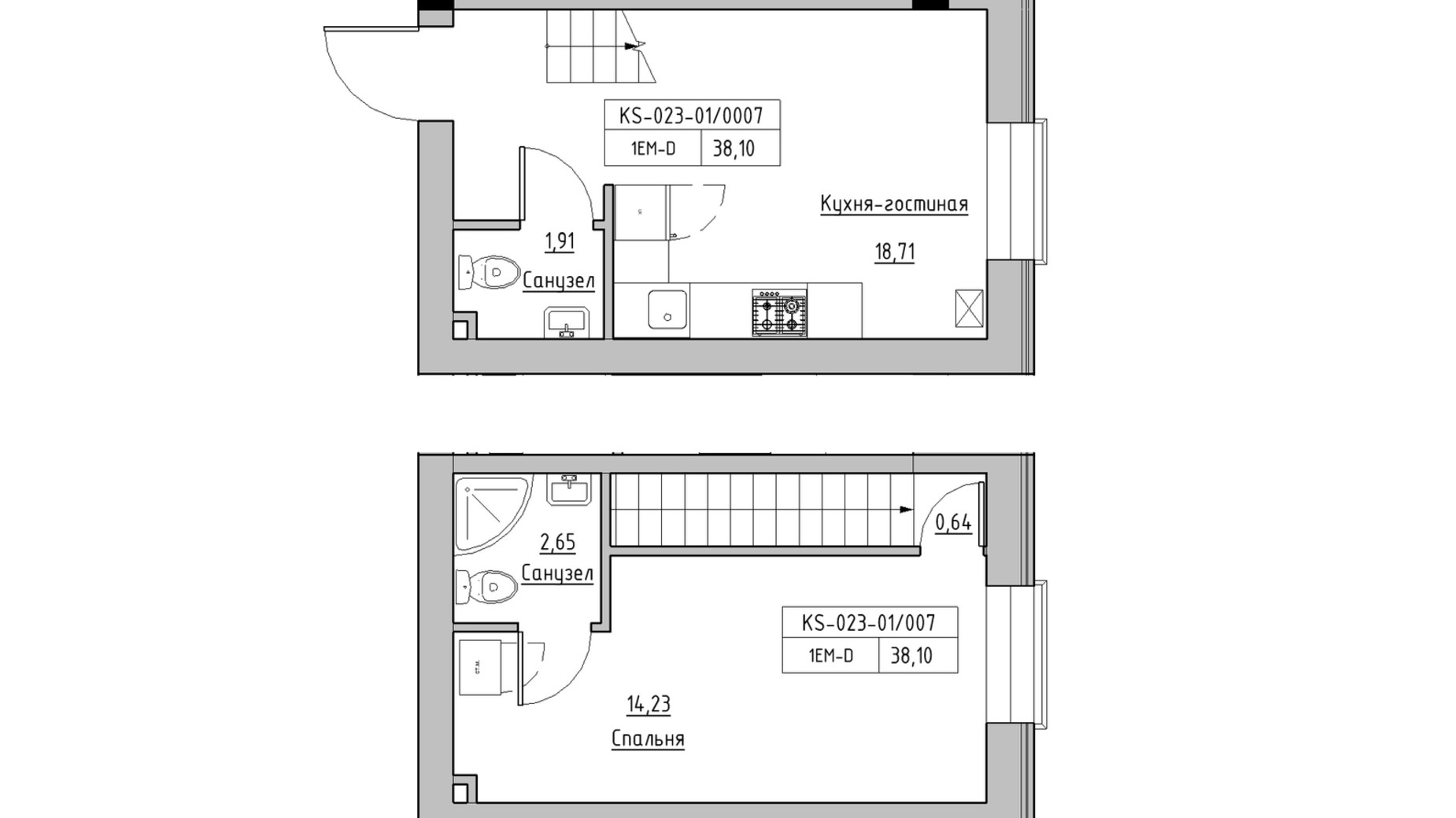 Планировка много­уровневой квартиры в ЖК KEKS 38.1 м², фото 570156