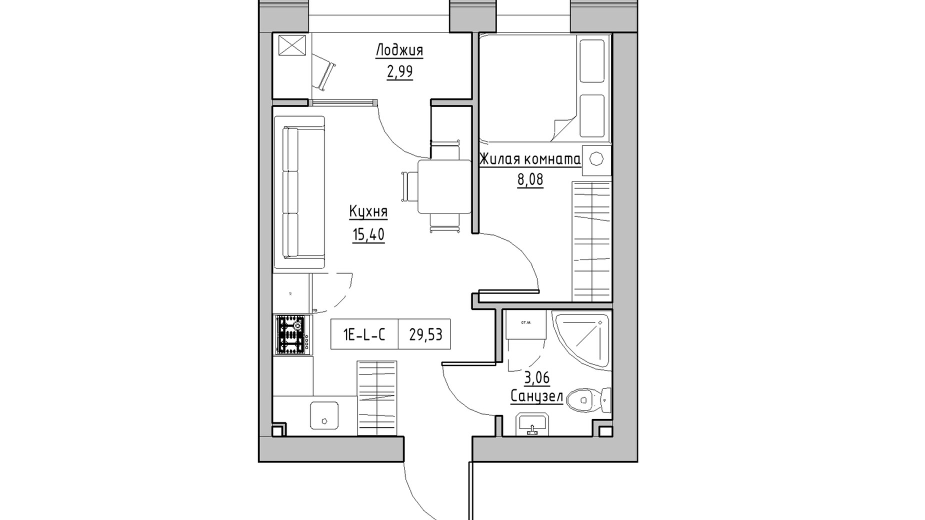 Планировка 1-комнатной квартиры в ЖК KEKS 29.53 м², фото 570157