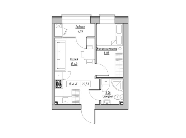 ЖК KEKS: планування 1-кімнатної квартири 29.53 м²
