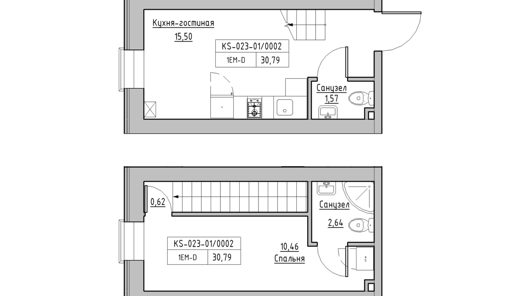 Планировка много­уровневой квартиры в ЖК KEKS 30.79 м², фото 570159