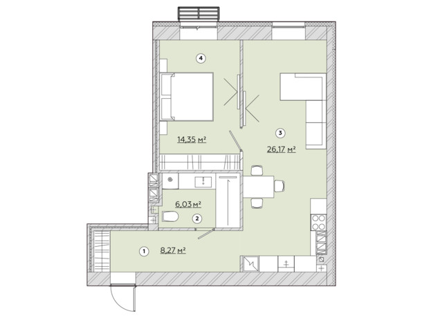 ЖК Osnova: планування 1-кімнатної квартири 54.92 м²