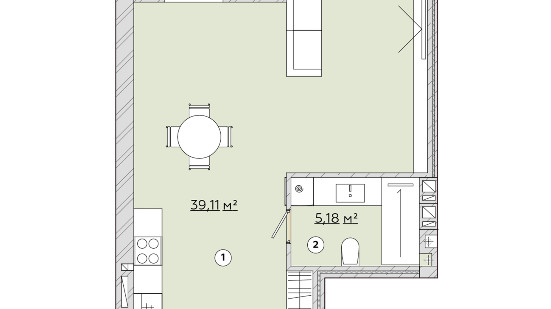 Планування 1-кімнатної квартири в ЖК Osnova 43.91 м², фото 570163