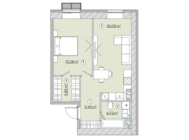 ЖК Osnova: планировка 1-комнатной квартиры 45.96 м²