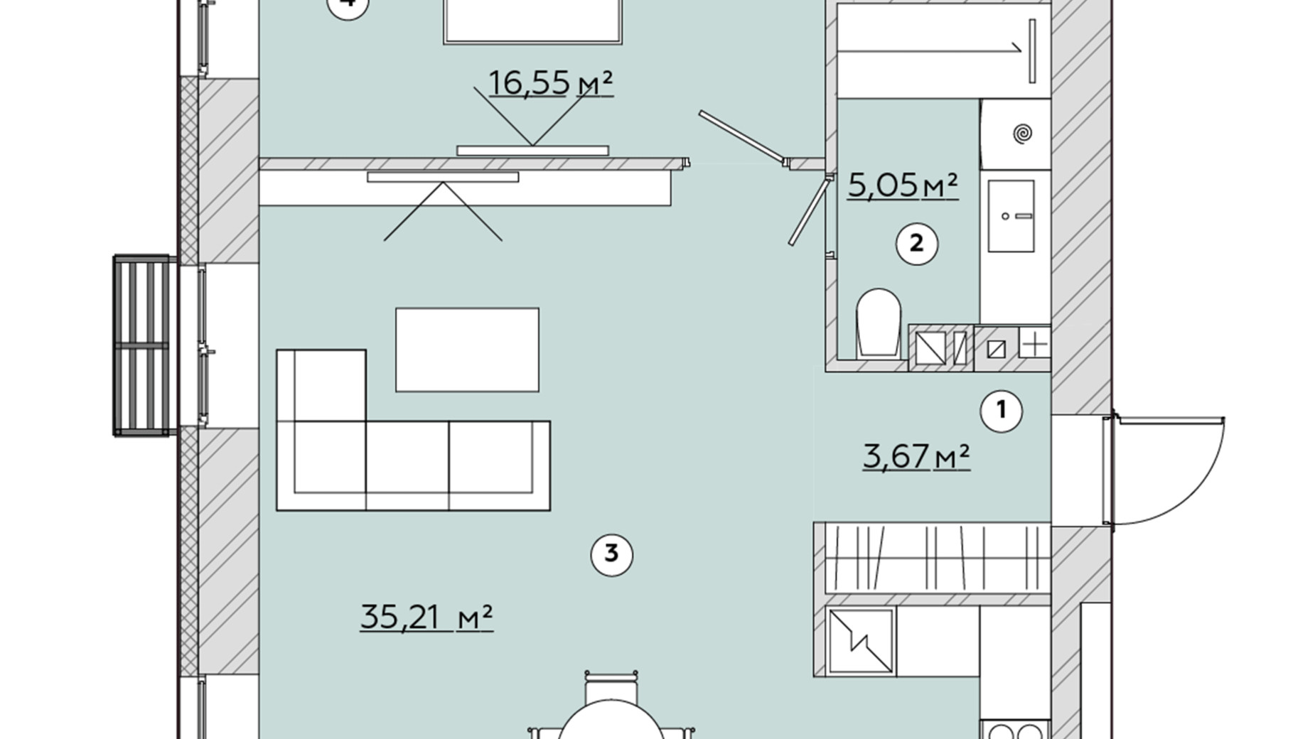 Планування 2-кімнатної квартири в ЖК Osnova 59.76 м², фото 570173