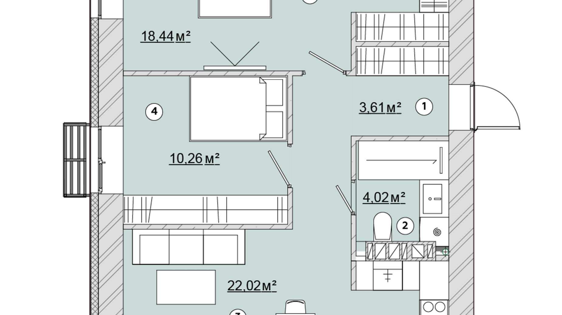 Планування 2-кімнатної квартири в ЖК Osnova 59.58 м², фото 570175