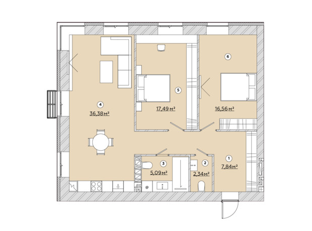 ЖК Osnova: планировка 3-комнатной квартиры 87.32 м²