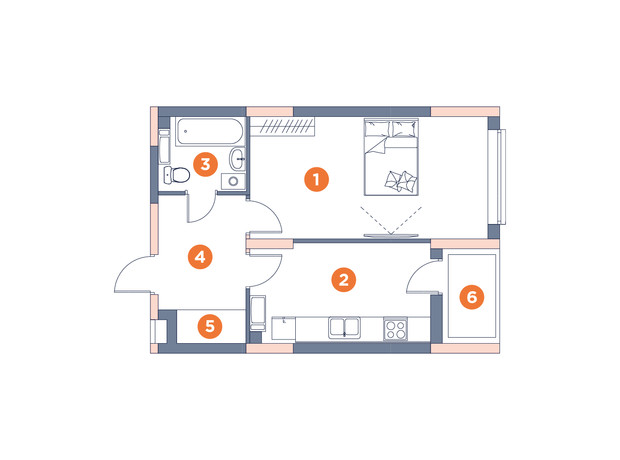 ЖК Orange City: планування 1-кімнатної квартири 42.84 м²