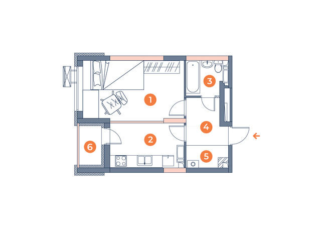 ЖК Orange City: планування 1-кімнатної квартири 39.19 м²