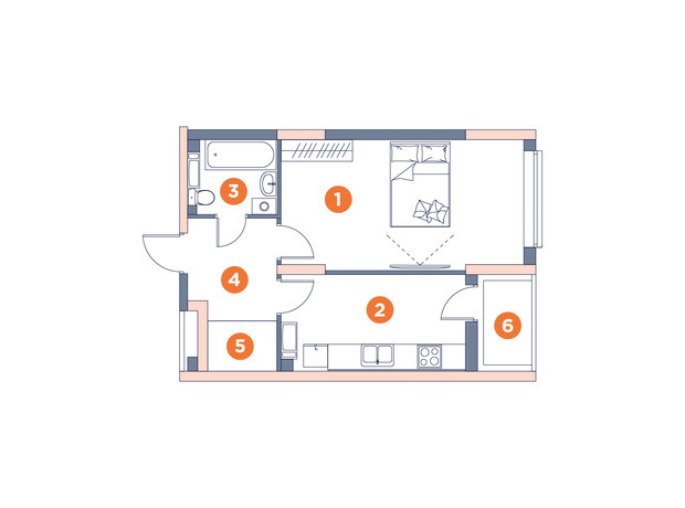 ЖК Orange City: планування 1-кімнатної квартири 42.3 м²