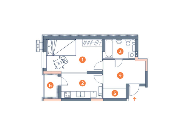 ЖК Orange City: планування 1-кімнатної квартири 45.43 м²