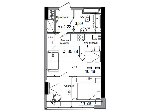 ЖК Artville: планировка 1-комнатной квартиры 35.88 м²