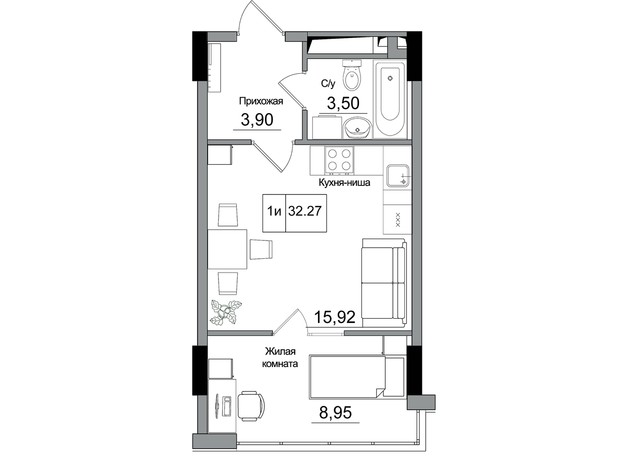 ЖК Artville: планировка 1-комнатной квартиры 32.27 м²