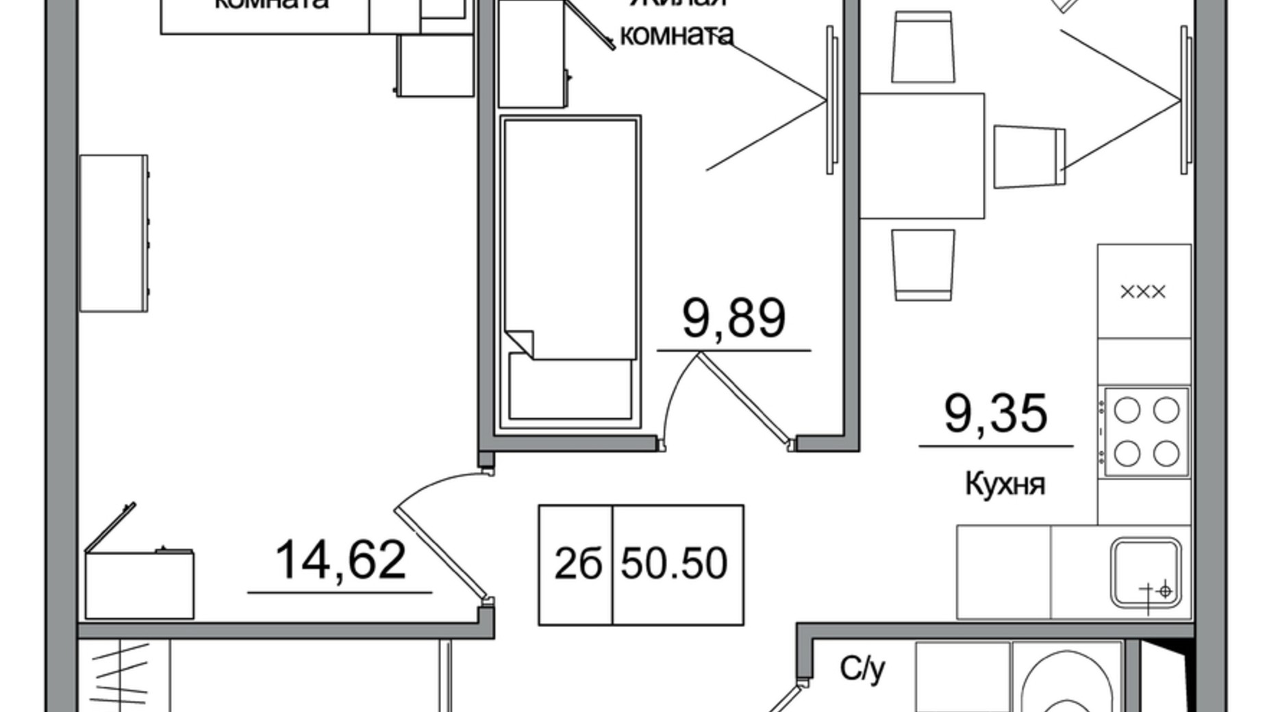 Планировка 2-комнатной квартиры в ЖК Artville 50.48 м², фото 570792