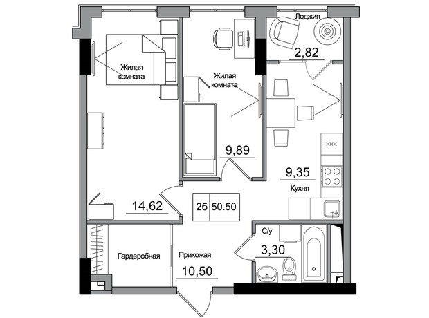 ЖК Artville: планировка 2-комнатной квартиры 50.48 м²