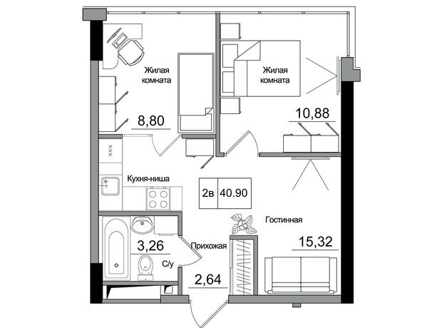 ЖК Artville: планировка 2-комнатной квартиры 40.9 м²