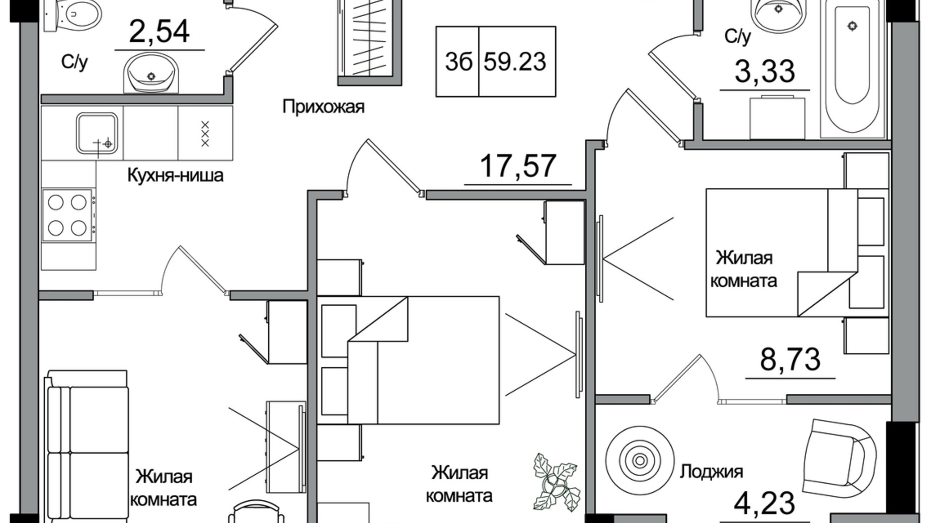 Планировка 3-комнатной квартиры в ЖК Artville 60.05 м², фото 570797