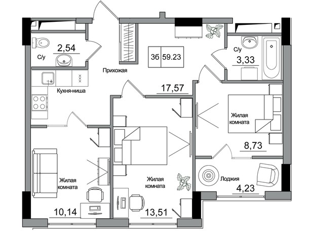 ЖК Artville: планировка 3-комнатной квартиры 60.05 м²