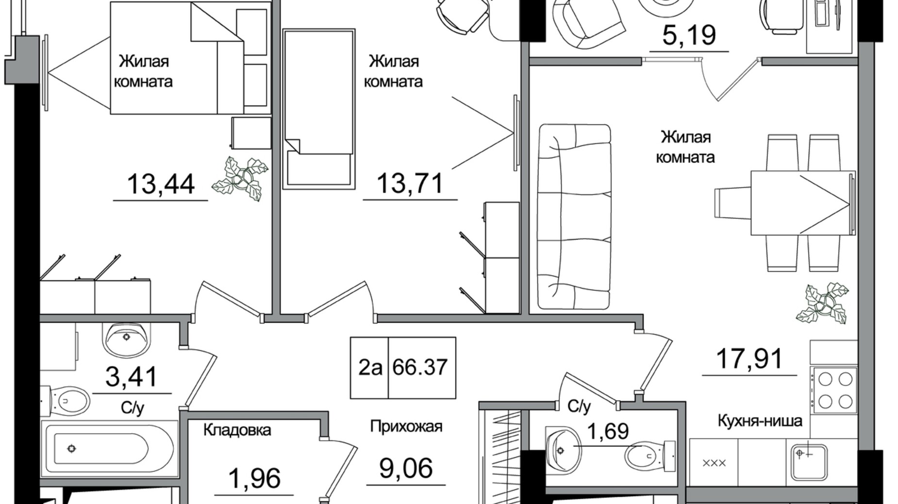 Планировка смарт квартиры в ЖК Artville 66.37 м², фото 570798