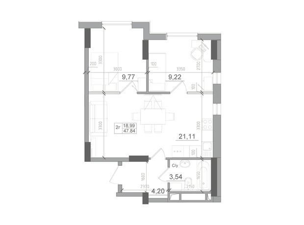 ЖК Artville: планировка 2-комнатной квартиры 51.14 м²