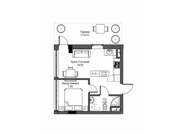 ЖК Artville: планировка 1-комнатной квартиры 32.5 м²