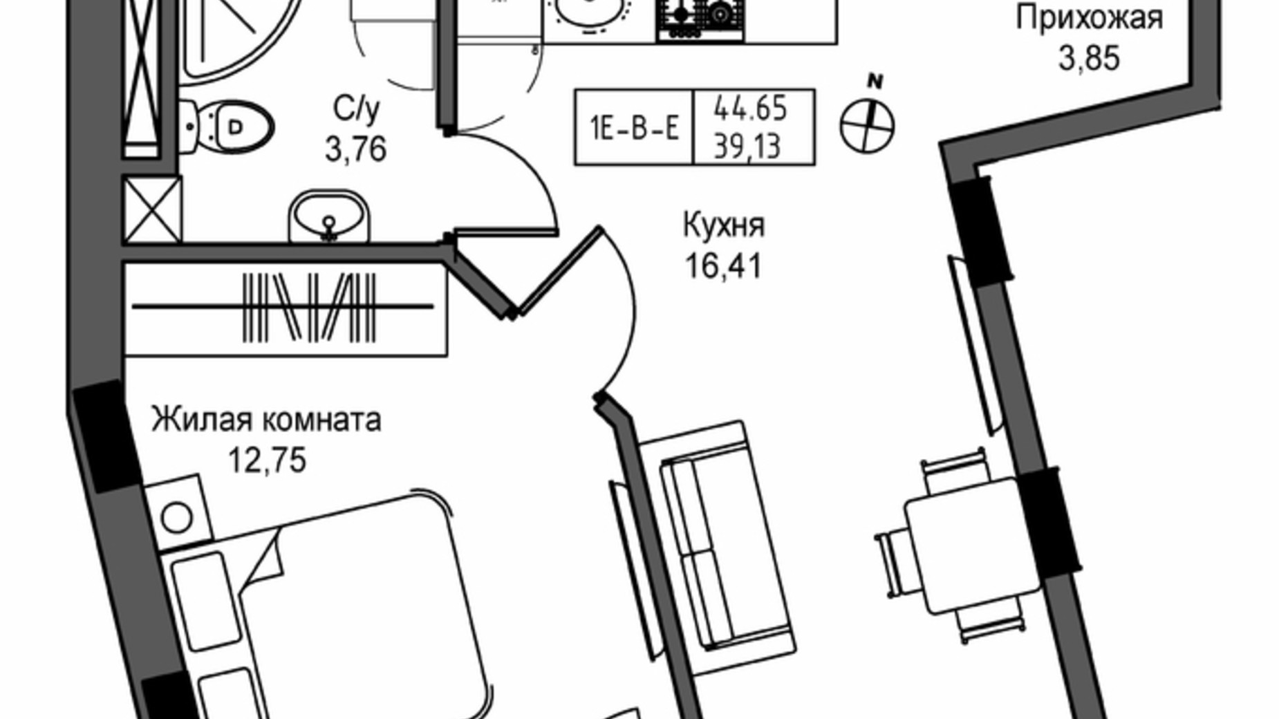 Планування 1-кімнатної квартири в ЖК Artville 45.55 м², фото 570802